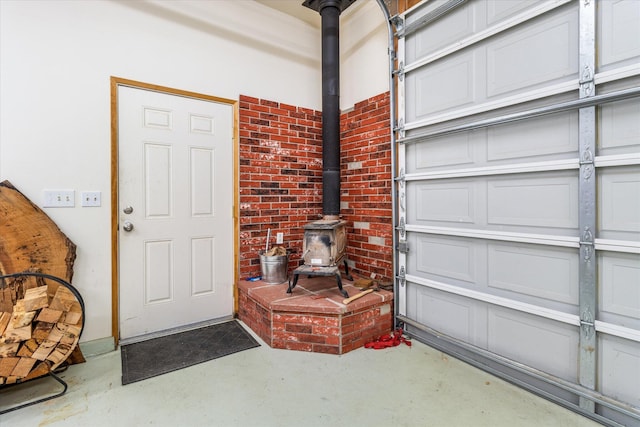 garage featuring a wood stove