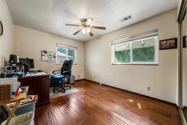 home office featuring ceiling fan and wood-type flooring