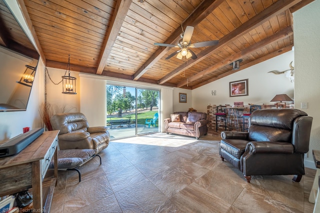 living area with wooden ceiling, ceiling fan, and lofted ceiling with beams