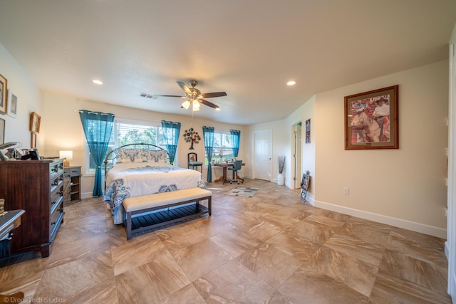 bedroom with visible vents, recessed lighting, a ceiling fan, and baseboards