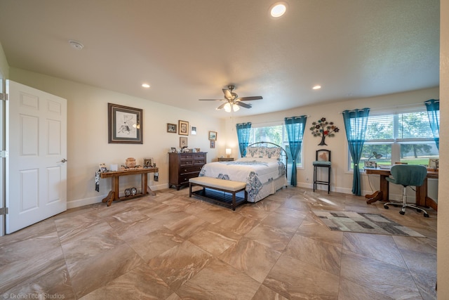 bedroom with a ceiling fan, recessed lighting, and baseboards