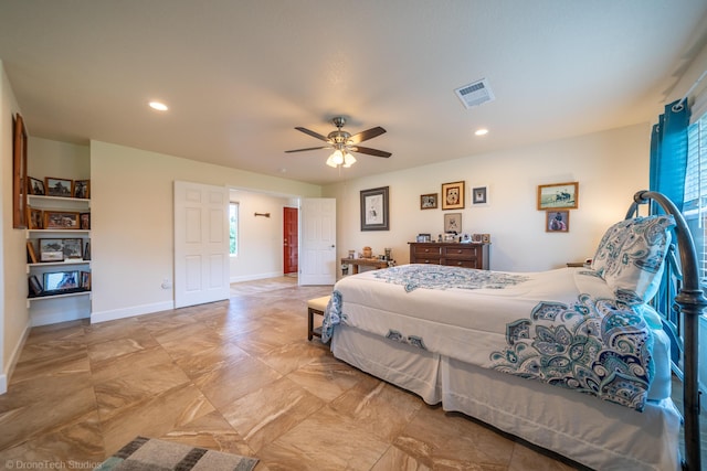 bedroom with a ceiling fan, recessed lighting, visible vents, and baseboards