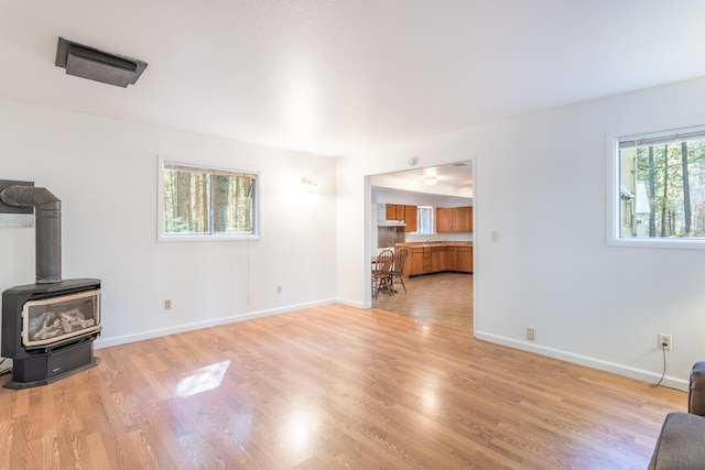 living room featuring light hardwood / wood-style floors and a wood stove