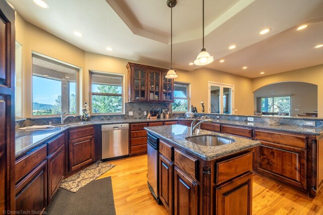 kitchen featuring a center island with sink, a healthy amount of sunlight, sink, stainless steel dishwasher, and light hardwood / wood-style flooring