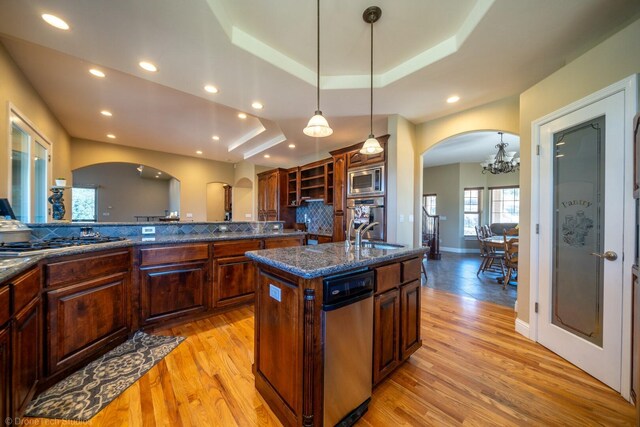 kitchen with a center island with sink, light wood-type flooring, a raised ceiling, and stainless steel appliances