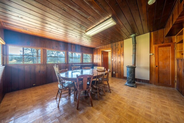 dining room featuring wooden ceiling, wooden walls, vaulted ceiling, and parquet floors