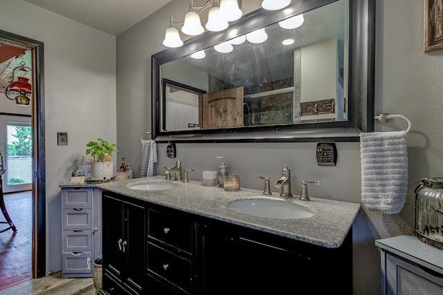 bathroom with wood-type flooring and vanity