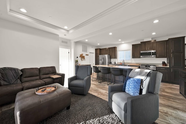 living room featuring light hardwood / wood-style flooring and a tray ceiling