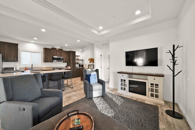 living room with a fireplace, light hardwood / wood-style floors, sink, and a tray ceiling