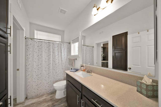 bathroom with vanity, hardwood / wood-style flooring, and toilet