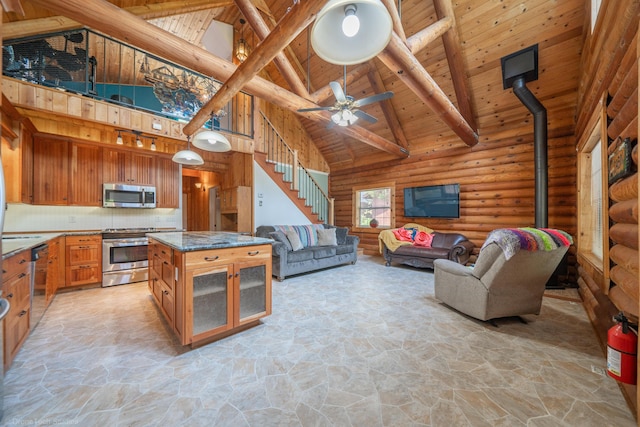 kitchen with stainless steel appliances, brown cabinetry, glass insert cabinets, open floor plan, and wooden ceiling