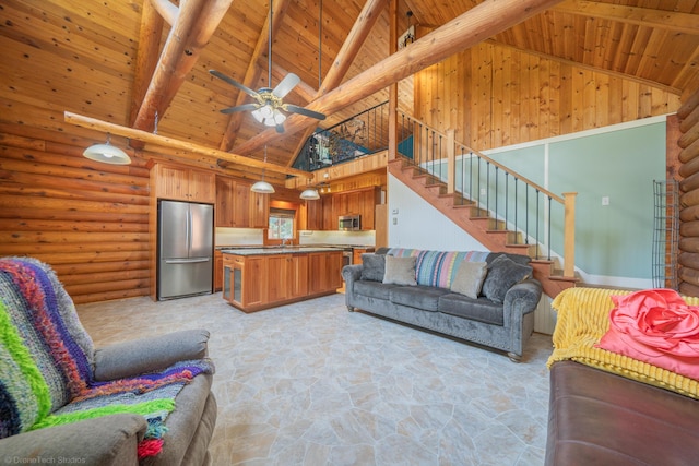 living area featuring wooden ceiling, ceiling fan, stairs, high vaulted ceiling, and beam ceiling