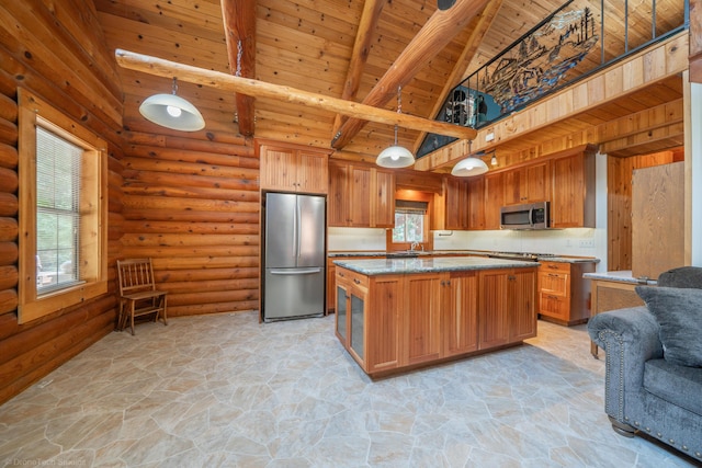 kitchen with pendant lighting, beam ceiling, stainless steel appliances, brown cabinetry, and wooden ceiling