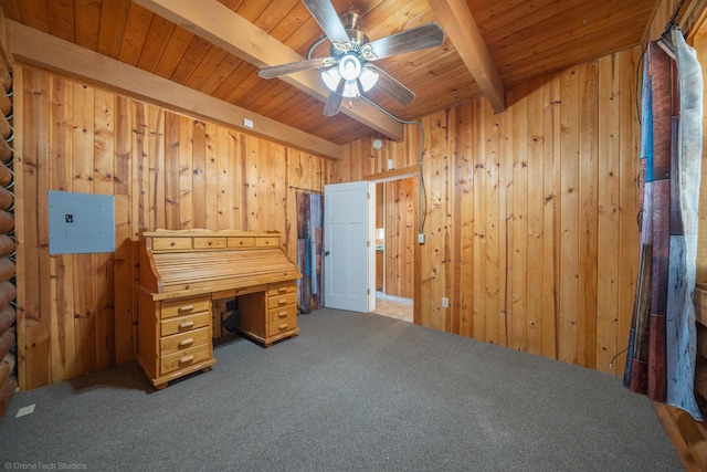 unfurnished office featuring wooden walls, electric panel, wood ceiling, carpet floors, and beam ceiling