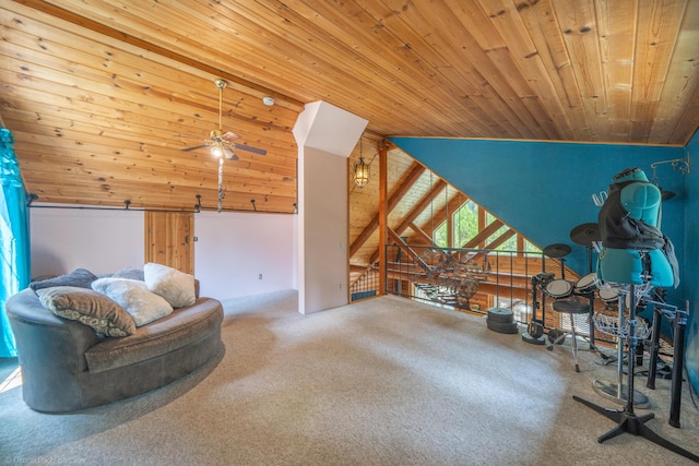 sitting room with lofted ceiling, ceiling fan, wooden ceiling, carpet flooring, and an upstairs landing