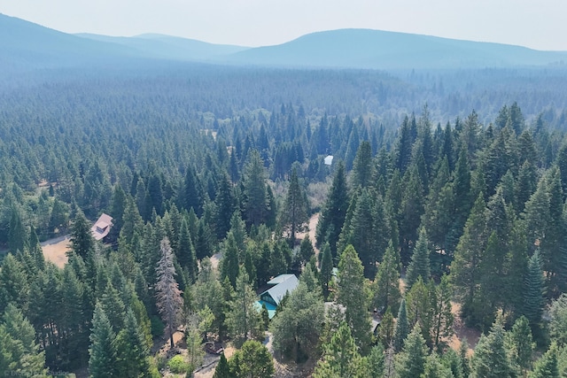 drone / aerial view with a mountain view and a wooded view