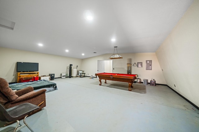 recreation room with billiards, electric panel, baseboards, concrete flooring, and recessed lighting