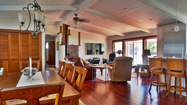 dining area with wooden ceiling, ceiling fan with notable chandelier, dark hardwood / wood-style floors, and vaulted ceiling with beams