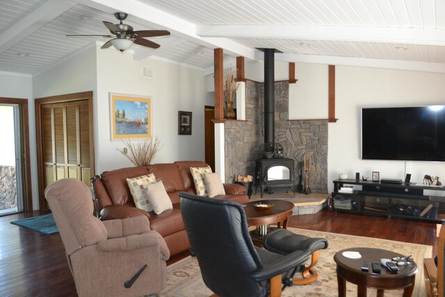 living room featuring wooden ceiling, vaulted ceiling with beams, a wood stove, ceiling fan, and dark wood-type flooring