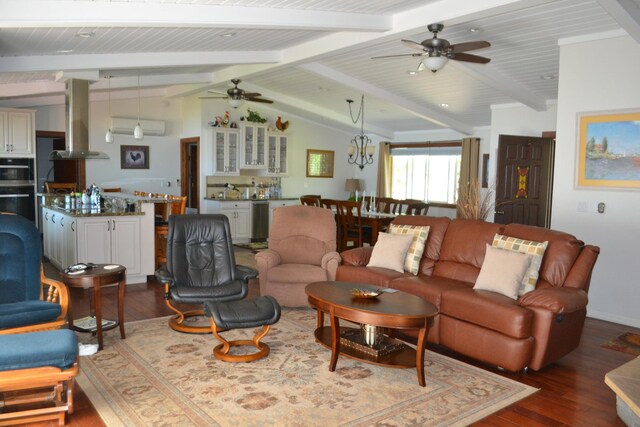 living room featuring ceiling fan, dark wood-type flooring, lofted ceiling with beams, and beverage cooler