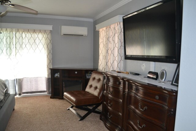 living area featuring ceiling fan, crown molding, carpet flooring, and a wall mounted AC