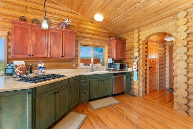 kitchen with log walls, hanging light fixtures, dishwasher, light hardwood / wood-style flooring, and wood ceiling