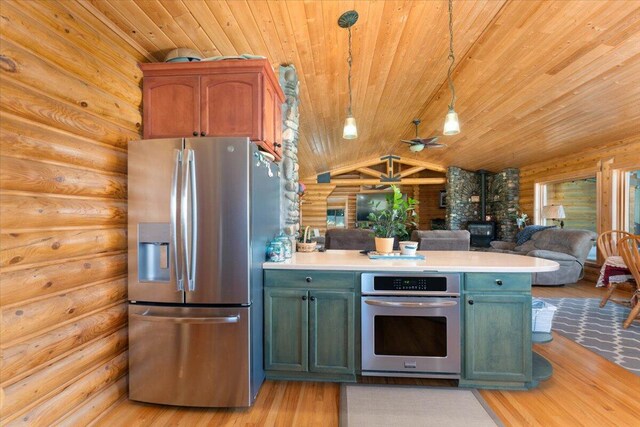 kitchen featuring stainless steel appliances, ceiling fan, log walls, wooden ceiling, and light hardwood / wood-style flooring