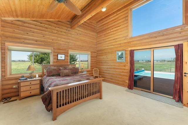 bedroom with log walls, access to outside, wood ceiling, and ceiling fan