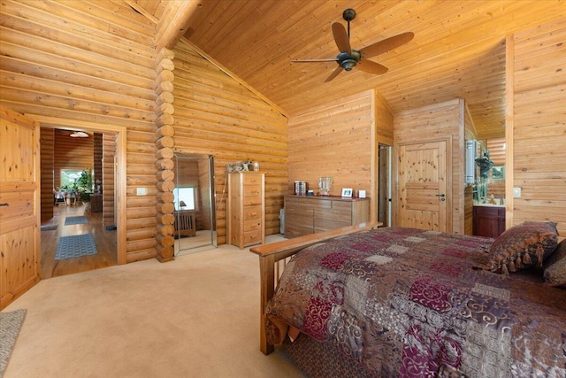 bedroom with high vaulted ceiling, log walls, ceiling fan, carpet flooring, and wood ceiling