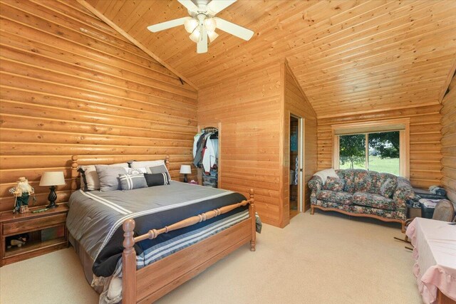 bedroom with ceiling fan, wooden ceiling, light carpet, high vaulted ceiling, and rustic walls