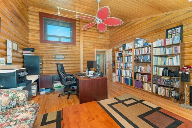 office area featuring ceiling fan, wooden ceiling, log walls, and light hardwood / wood-style floors