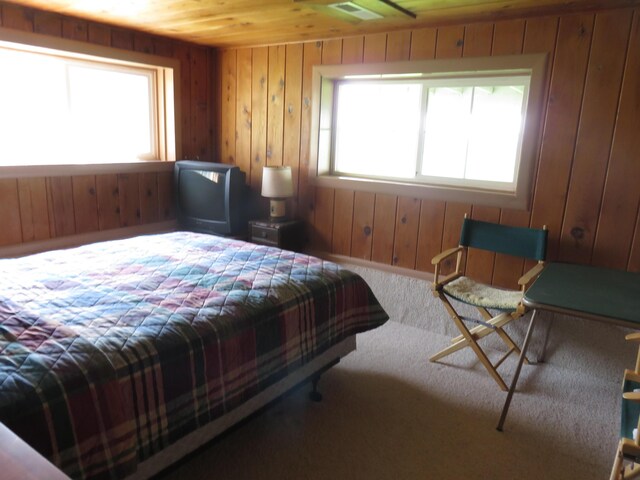 bedroom featuring wood walls and multiple windows