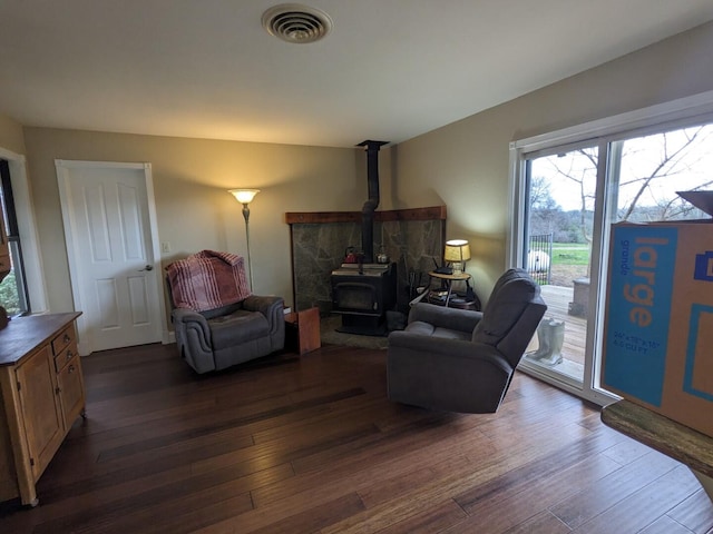 living room featuring a wood stove and dark hardwood / wood-style floors