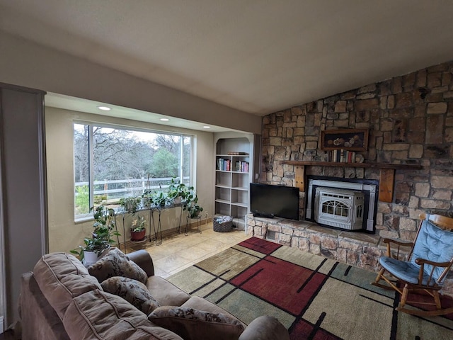 living room featuring built in features and lofted ceiling