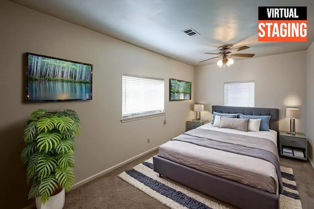 carpeted bedroom featuring ceiling fan