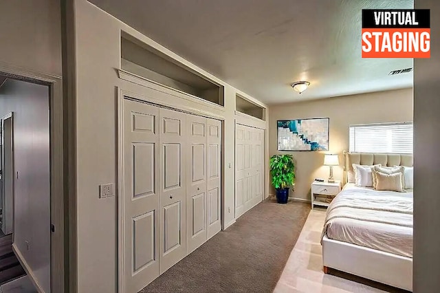 carpeted bedroom with two closets