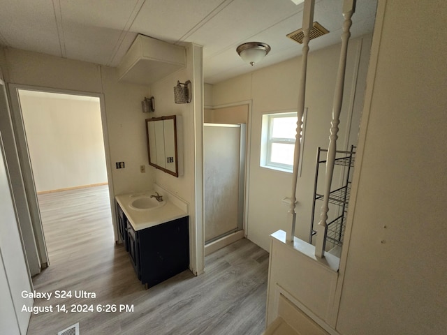 bathroom featuring a shower with door, vanity, and wood-type flooring