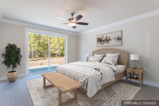 carpeted bedroom featuring ornamental molding, access to outside, and ceiling fan