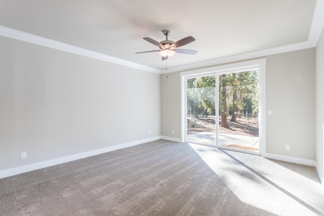 unfurnished room with ceiling fan, ornamental molding, and carpet floors