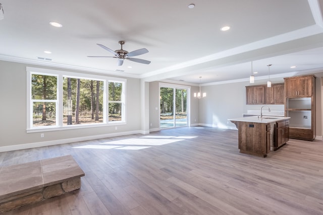 kitchen featuring sink, hanging light fixtures, light hardwood / wood-style flooring, and a kitchen island with sink