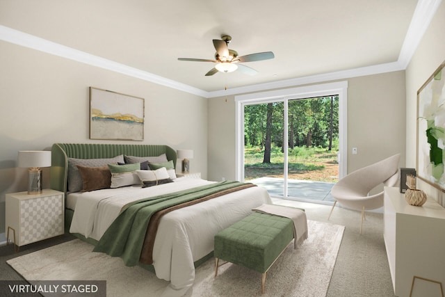 bedroom featuring access to outside, ceiling fan, crown molding, and carpet