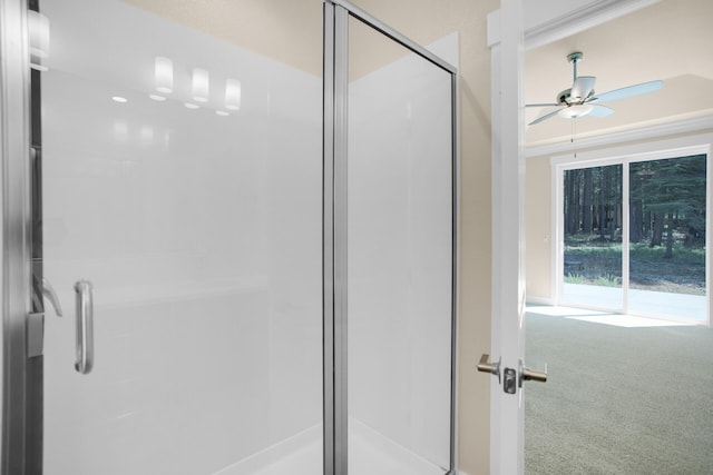 bathroom featuring walk in shower and ceiling fan