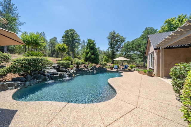 view of pool featuring pool water feature and a patio area