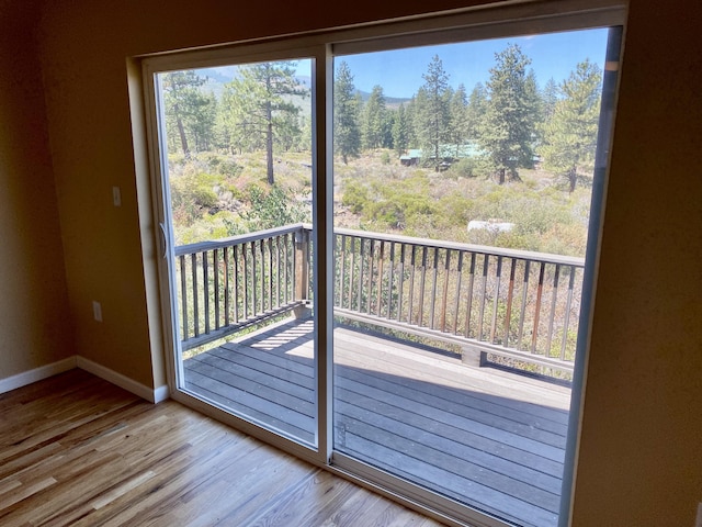 doorway to outside featuring baseboards and wood finished floors