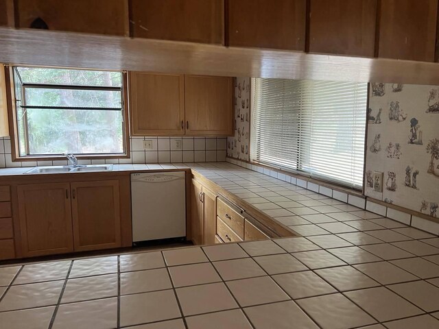 kitchen featuring white dishwasher, plenty of natural light, and tile counters