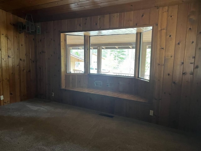 carpeted empty room featuring wood walls