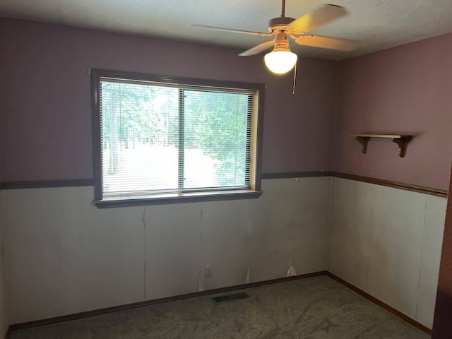 empty room featuring ceiling fan, carpet floors, a textured ceiling, and a healthy amount of sunlight