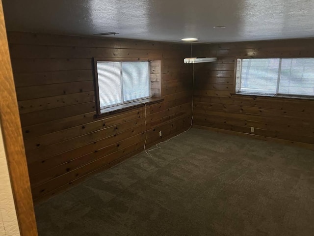 carpeted spare room with a wealth of natural light, wood walls, and a textured ceiling