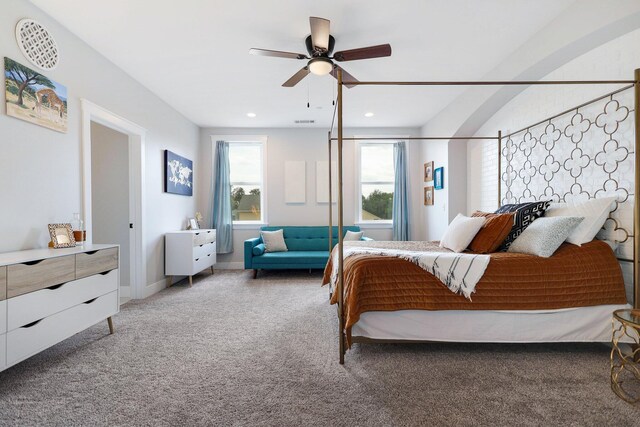 carpeted bedroom with ceiling fan