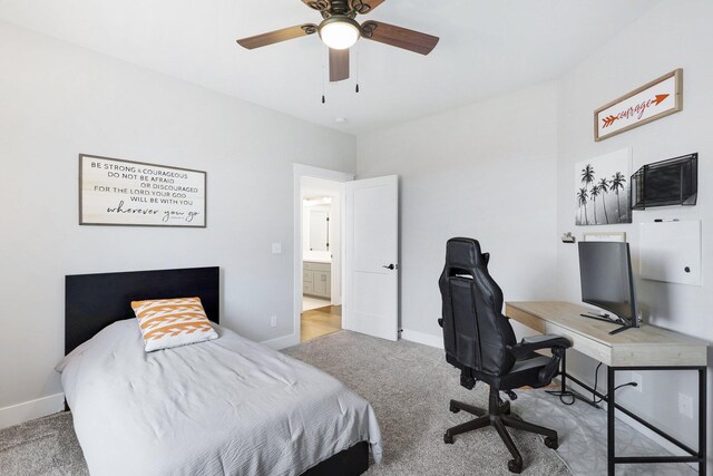 bedroom featuring ceiling fan and light hardwood / wood-style flooring